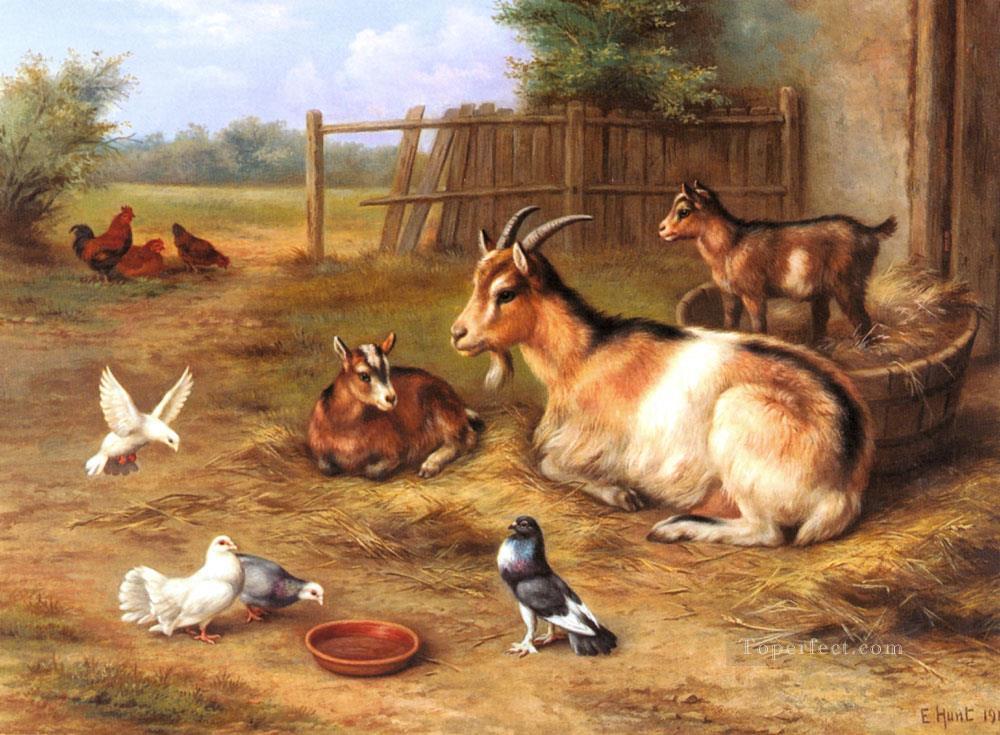 Ein Bauernhof Szene mit Ziegen Hühner Tauben Bauernhof Tiere Edgar Hunt Ölgemälde